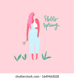 Happy woman with flower in denim jumpsuit. Hello spring. Vector flat illustration.