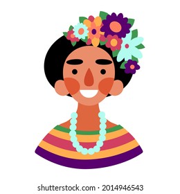 Happy woman with flower in hair, and pearls necklace vector illustration. Smiling tourist girl on Hawaii or other tropical resort or thematic party