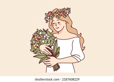 Happy woman with flower wreath on head holding beautiful bouquet. Smiling girl enjoy summer flowers in hands. Good mental health. Vector illustration. 