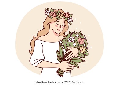 Happy woman with flower wreath on head holding beautiful bouquet. Smiling girl enjoy summer flowers in hands. Good mental health. Vector illustration.