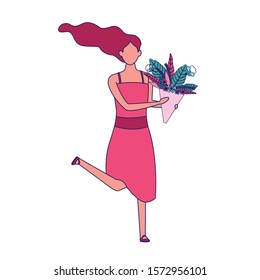 happy woman with flowers bouquet icon over white background, vector illustration