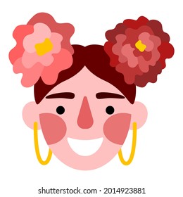 Happy woman with flowers in hair and with big earrings rings vector illustration. Smiling ruddy girl head white isolated flat vector illustration