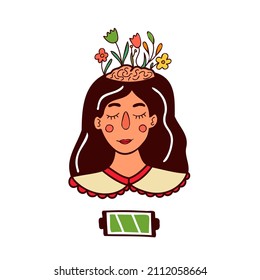 Happy woman with flowers in her head Mental health. Vector illustration
