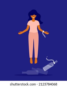 Happy woman flying after release from alcohol addiction. Female healthy life, freedom, liberation vector illustration. Alcoholics anonymous help. Girl breaks chain with bottle linked to hand. No drink svg