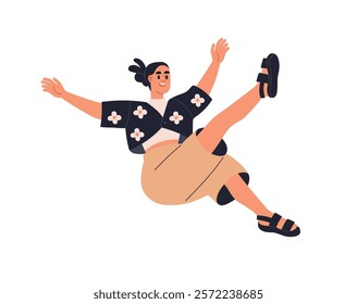 Happy woman flying in air, falling with carefree smile. Young female character enjoying fun flight, joyful excited emotion, positive expression. Flat vector illustration isolated on white background