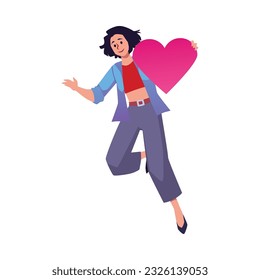 Happy woman flying with heart in hand, cartoon flat vector illustration isolated on white background. Concepts of love, Valentine s day and romance.