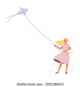 Happy woman flying a kite. Flat vector illustration.