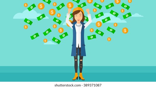 Happy woman with  flying money. 