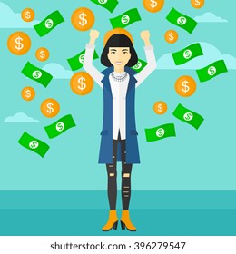 Happy woman with  flying money. 