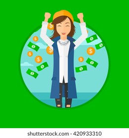 Happy woman with  flying money. 
