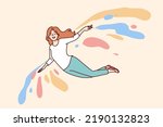 Happy woman flying on colorful wings feel optimistic and joyful. Smiling girl recover from depression or mental illness. Vector illustration. 