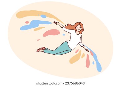 Happy woman flying on colorful wings feel optimistic and joyful. Smiling girl recover from depression or mental illness. Vector illustration.