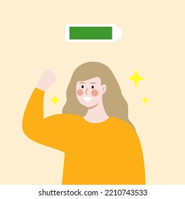 Happy woman with Full battery above head. Energetic girl showing muscles arms biceps. Productivity, feeling, success, healthy lifestyle concept. Flat cartoon vector design illustration.