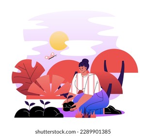 Happy woman gardener. Female farmer planting flower sprouts in soil. Growing plant, agriculture, botany and floristry. Hobby or farm work. Cartoon flat vector illustration isolated on white background