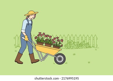 Happy Woman Gardener In Uniform With Wheel Cart Doing Outdoor Works. Smiling Female Gardening Planting Flowers Outside. Environment And Hobby Concept. Vector Illustration. 
