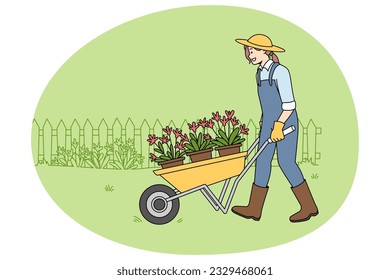 Feliz mujer jardinero con uniforme con carretilla de ruedas haciendo trabajos al aire libre. Hembras sonrientes plantando flores afuera. El ambiente y el concepto de hobby. Ilustración vectorial.