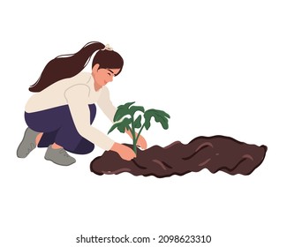 Happy woman gardening plants seedlings in the soil with her hands and monitors the growth of seedlings in the spring garden. Woman potting tomato. Flat vector illustration