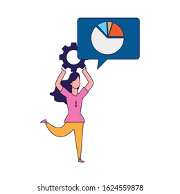 happy woman with gear wheel and speech bubble with graphic pie chart over white background, vector illustration
