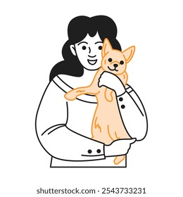 Happy woman gently holding small dog in arms two-color linear icon. Special bond between human and beloved pet doodle simple illustration