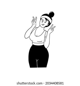 Happy woman with gesture of victory fingers. Hand drawn vector illustration of Peace sign on white background. Nonverbal communication signal drawing. Social cues concept.