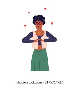 Happy woman gesturing heart with hands, fingers. Funny black girl expressing love, affection. Cute romantic person in valentine sunglasses. Flat vector illustration isolated on white background