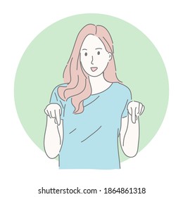 Happy woman gesturing with pointing down.