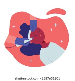 A happy woman gets a facial at the spa.  Skin care. Vector illustration. Cosmetology and professional skin care.Microcurrent facial therapy. Aesthetic therapy in cosmetology. 