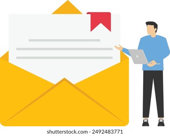 Happy woman gets an important letter. Businesswoman standing at incoming email and holding laptop. Modern vector illustration.

