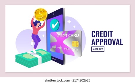 Happy woman gets money and reward online. Modern business can be transfer money online to anywhere. Credit approval. E-commerce advertising. online shopping services. vector illustration.