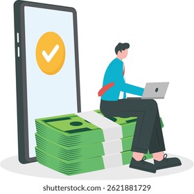 Happy woman gets money and rewards online. Modern businesses can transfer money online to anywhere. Credit approval. E-commerce advertising. online shopping services. vector illustration.

