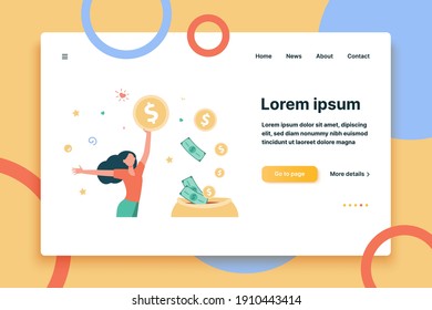 Happy woman getting cash. Person saving money, getting profit or high income, flat vector illustration. Earning, finance, success concept for banner, website design or landing web page