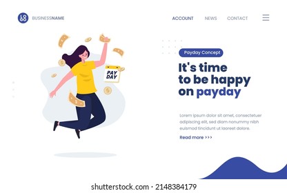 Happy Woman Getting Money For Payday Illustration Concept On Landing Page Design