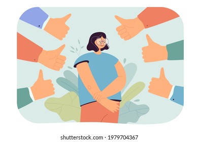 Happy woman getting public approval. Flat vector illustration. People showing respect by hands with thumbs up. Positive feedback, respect, social recognition concept for banner design