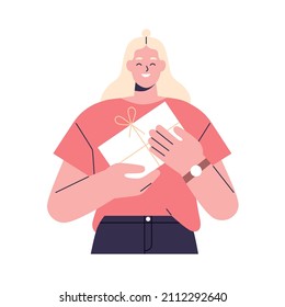 Happy woman with gift box in hands. Smiling person holding received present for holiday. Cheerful female with birthday surprise portrait. Flat vector illustration isolated on white background