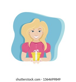 Happy woman with a gift in her hands. Birthday. Surprise. Isolated vector illustration. 