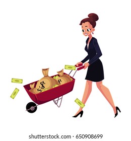 Happy woman, girl, businesswoman pushing wheelbarrow full of money bags, cartoon vector illustration isolated on white background. Businesswoman, woman, girl pushing wheelbarrow with money bags