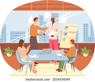 Happy woman or girl businesswoman receives congratulations from their colleagues in office. Clerk got promotion at work. Business team communication, corporate unity and effective interaction