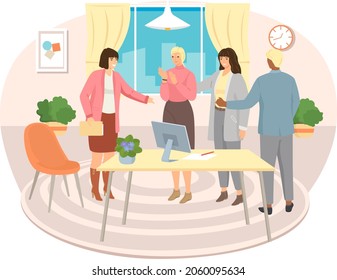 Happy woman or girl businesswoman receives congratulations from their colleagues in office. Clerk got promotion at work. Business team communication, corporate unity and effective interaction