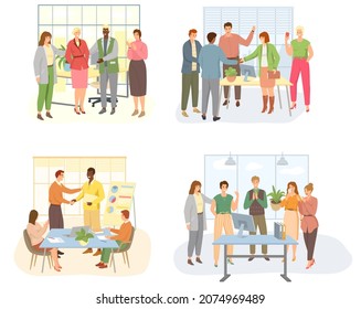 Happy woman or girl businesswoman receives congratulations from their colleagues in office. Clerk got promotion at work. Business team communication, corporate unity and effective interaction