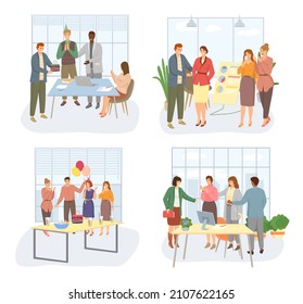 Happy woman or girl businesswoman receives congratulations from their colleagues in office. Clerk got promotion at work. Business team communication, corporate unity and effective interaction