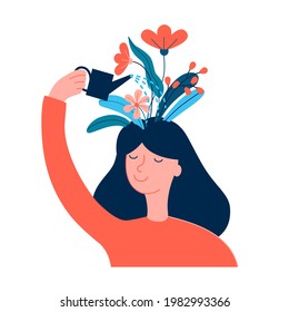 Happy Woman, Girl Care Of Herself, Creates Good Mood, Happiness, Self Care, Love, Confidence, Positive Thinking, Thoughts. Woman Pouring Flowers On Her Head. Wellness, Mental Health, Therapy Concept.
