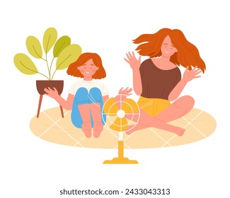 Happy woman with girl in front of fan. Electric fan device, fresh aer ventilator cartoon vector illustration