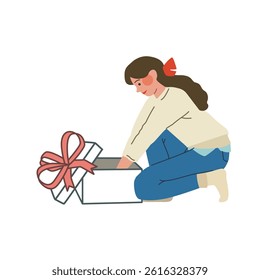 Happy woman, girl, mother, wife putting a gift in a box tied with a bow. Vector flat holiday illustration.