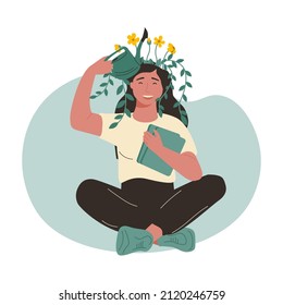 Happy woman, girl reading books. Self education, study, knowledge improvement concept. Woman pouring flowers on her head.