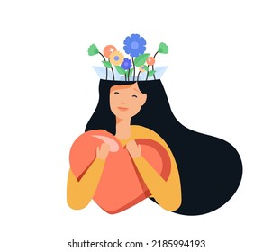 Happy woman, girl reading books. Self education, study, knowledge improvement concept. Woman pouring flowers on her head. Self study concept, accelerating education, future thinking, good habits.