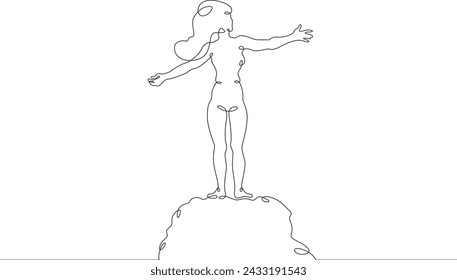 Happy woman. The girl rejoices in victory. Conquering the peak. Woman with outstretched arms. One continuous line . Line art. Minimal single line.White background. One line drawing.