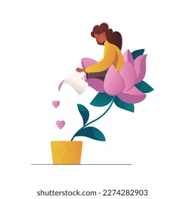 Una mujer o niña feliz se sienta en la flor y la riega. Concepto de autoayuda. Personaje femenino que siente amor propio, felicidad, armonía, emoción positiva, se preocupa por ella y su futuro. Ilustración del vector