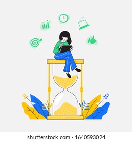 Happy woman or girl sitting on hourglass and working on her tablet, business and management icons on background. Time management, multitasking and deadline concept, vector illustration
