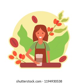 Happy woman gives the cup of coffee. Cartoon vector illustration fresh bio coffee bean, berry, tree and leaves. Concept for package, stiker, web or bio cafe.