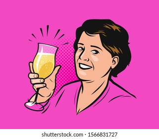 Happy woman with a glass of champagne. Vector illustration in pop art retro comic style